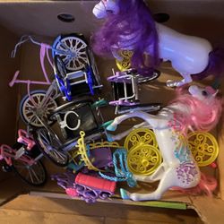 Barbie Items- Wheel Chairs, Ramps, 2 Horses, Carriage Parts, Bike, 1 Crutch