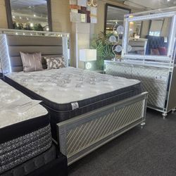 Brand New Champagne Modern LED Queen Bedframe + Dresser + Mirror + Nightstand 4PCs Bedroom Set