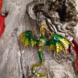 Jeweled Enamelled Dragon Pin/Pendant Green Gold