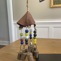 Primitive Hand Forged Rustic Metal Cow Bells Wind Chime w/ Leather & Glass