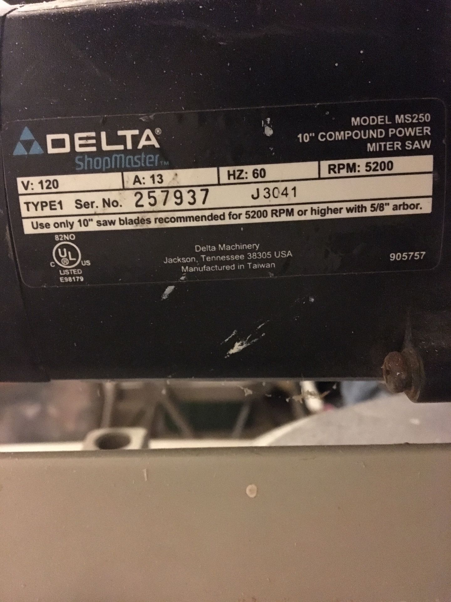 Delta Shopmaster MS250 10in Miter Compound Saw / 13 Amp Motor / Blade Guard / Trigger Lock for