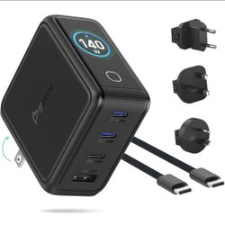 Gansta 140W USB-C GaN Laptop World Charger, 4-Port (3 USB-C + 1 USB-A), PD 3.1 140W, Smart LCD Display, MacBook Pro 16" Travel Charger + EU/UK/AU Adap