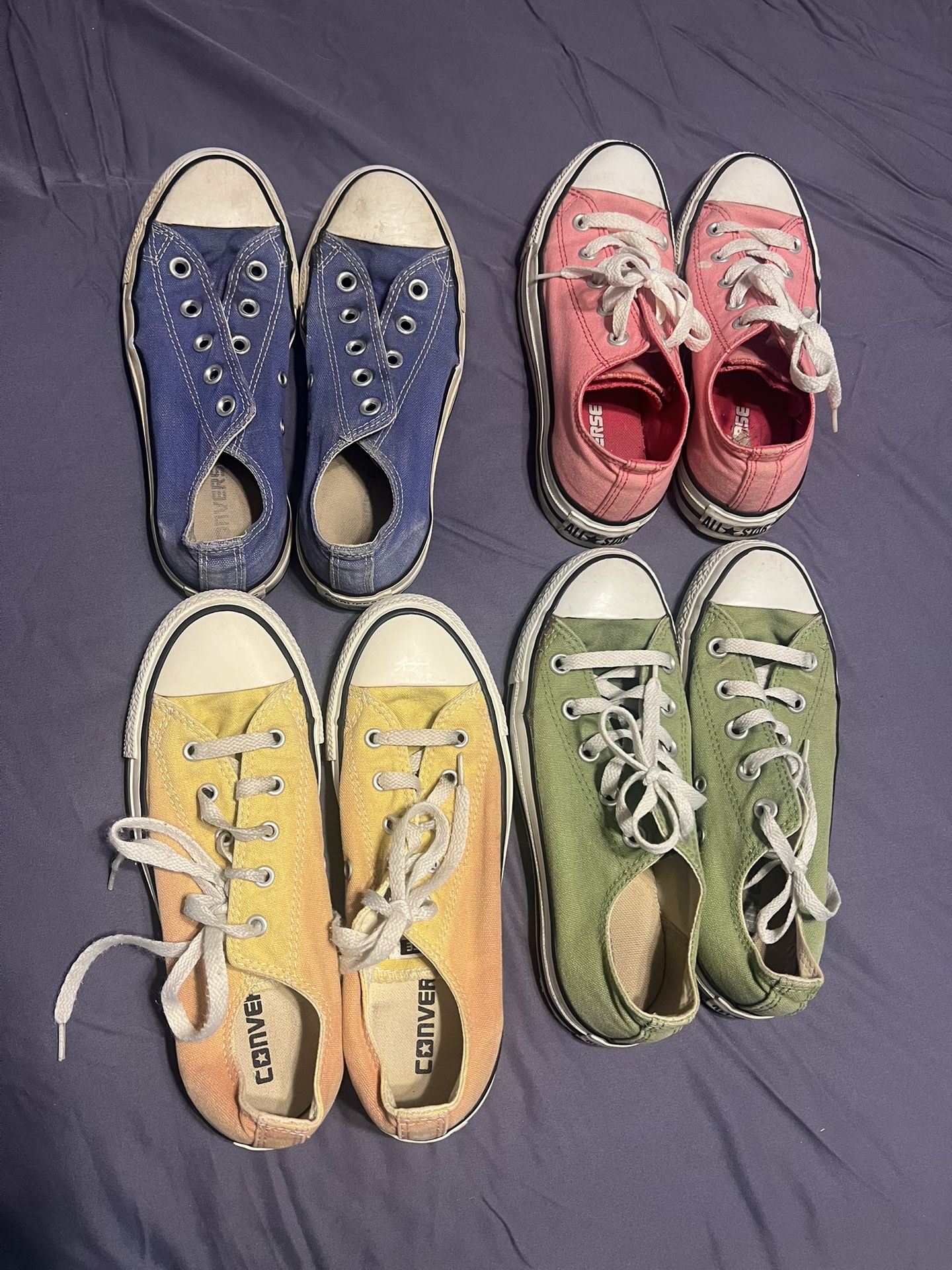 Converse Canvas Sneakers - Blue, Pink, Yellow/Orange Ombré, Green - Sz6. Each have some flaws.