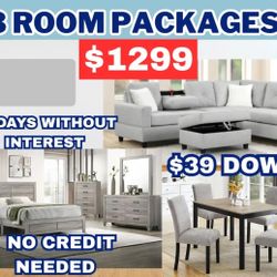 NEW 3 ROOM PACKAGE DEAL- BED MATTRESS DINING ROOM SECTIONAL SOFA AND FINANCING AVAILABLE 