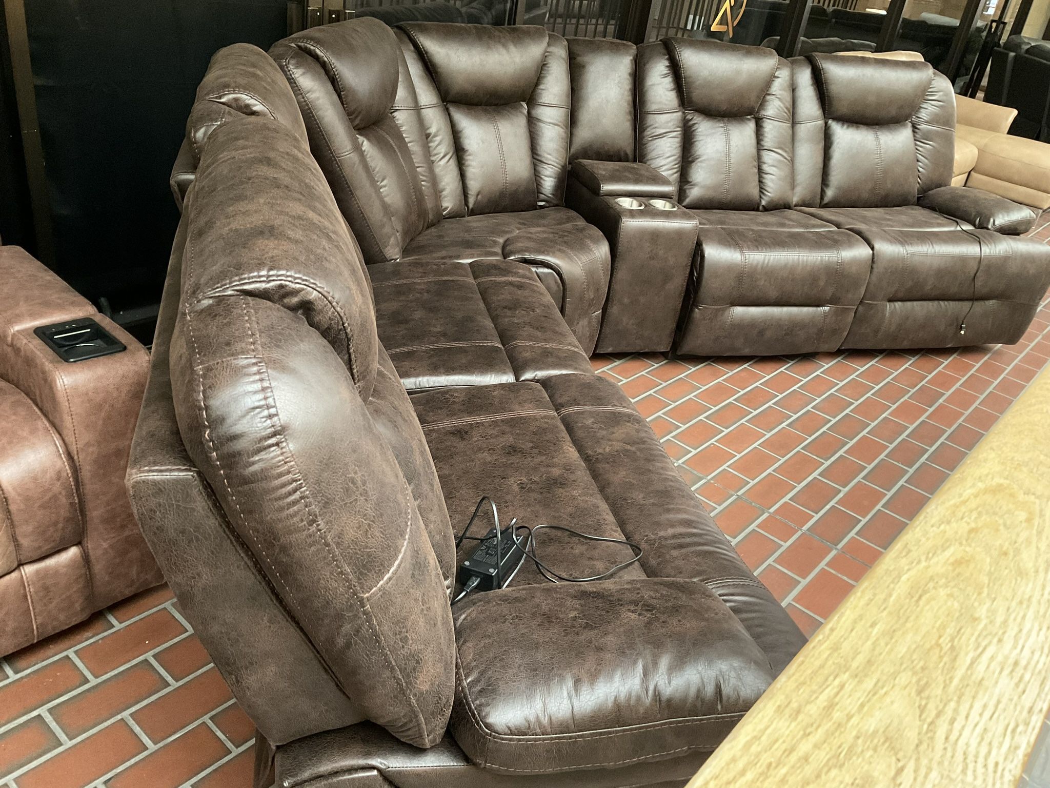 New Power recliner sectional sofa dark brown microfiber suede