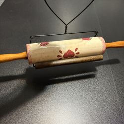 vintage Loomco glazed ceramic rolling pin & holder farmhouse decor strawberry