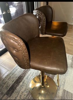 Set of 2 Adjustable Swivel Bar Stools – Brown Faux Leather & Gold Base