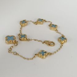 14k Yellow Gold Fashion Blue Flowers Bracelet 7.5"