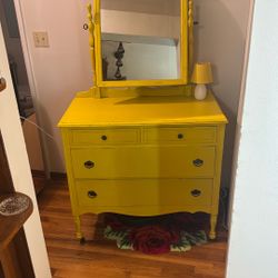 Yellow Antique Wooden Dresser With Mirror 