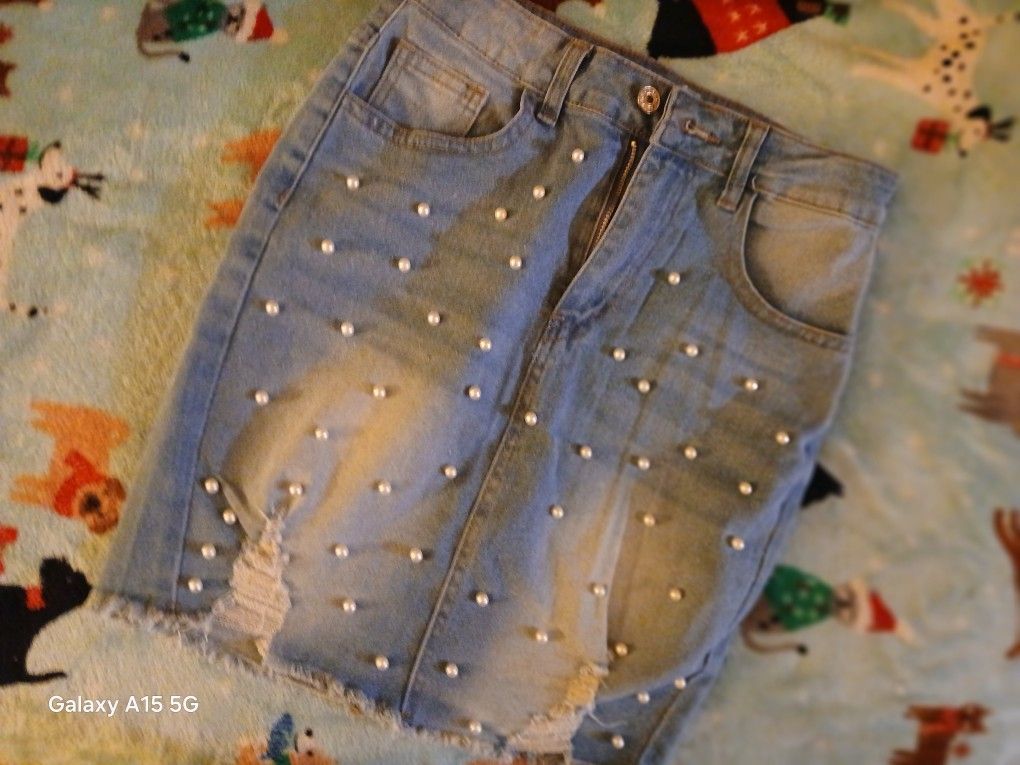 Jean Pencil Pearls Skirt