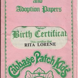 Cabbage Patch Kids Birth Certificate and Adoption Papers