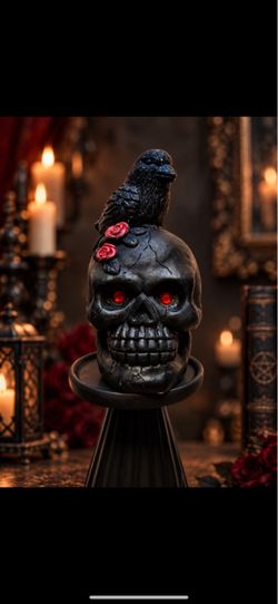 Gothic Skull Figurine with Raven and Roses