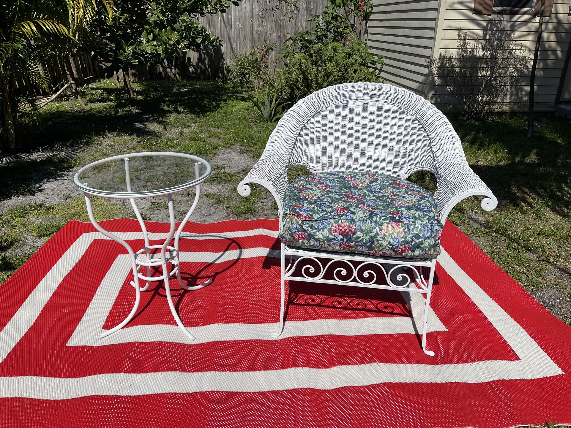 Patio Chair With Cushion And Small Table With Glass (Metal, Rattan And Glass) Good Condition $70 Firm On Price