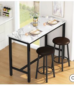 39.3" Bar Table Set of 2,Faux Marble Pub Height Table and Chairs Set of 2 with Upholstered Stools,3 Piece Bar Table and Chairs Set Dining Table Set fo