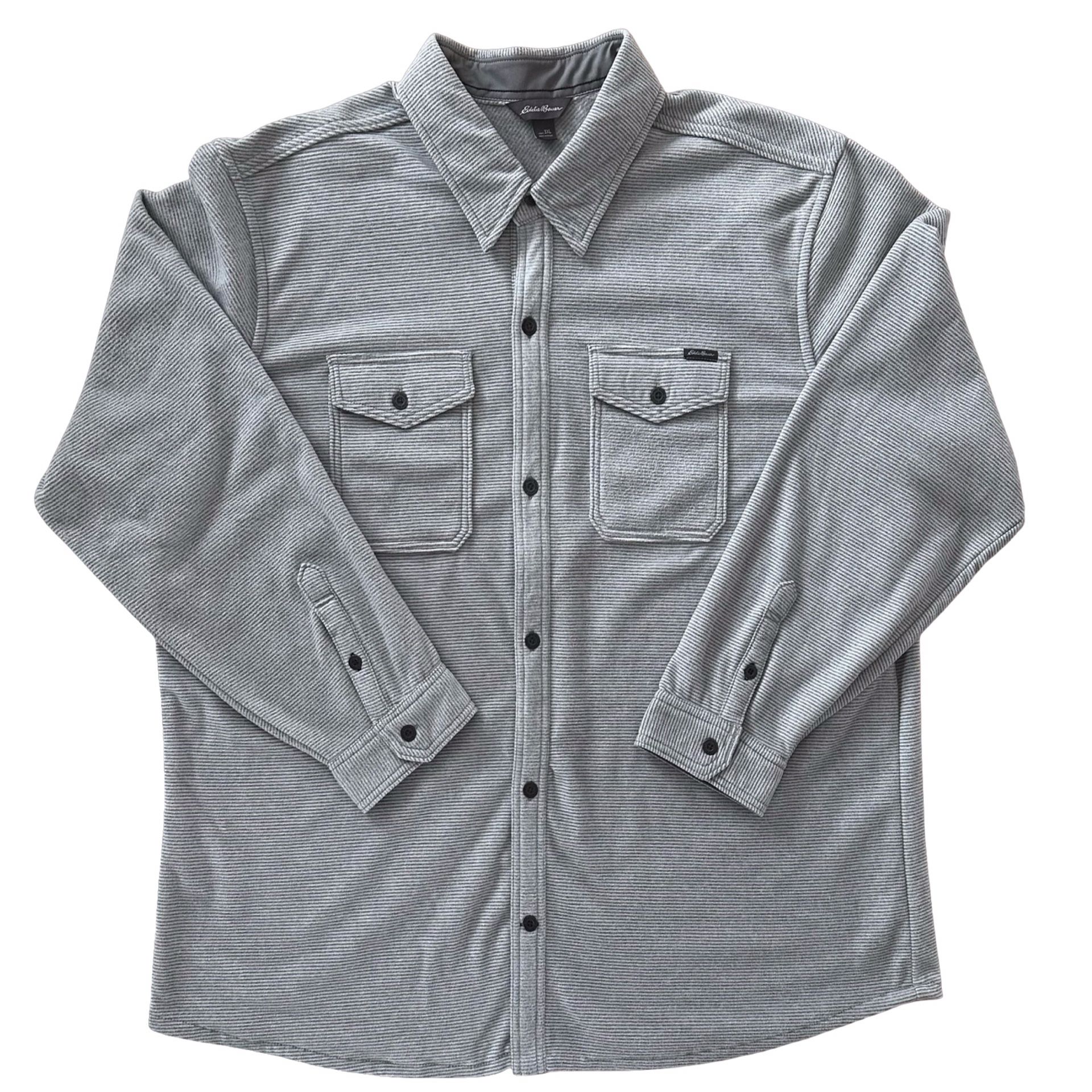 EDDIDE BAUER Men's Fleece Shirt Size 3XL Long Sleeve Light Gray Stripe Casual