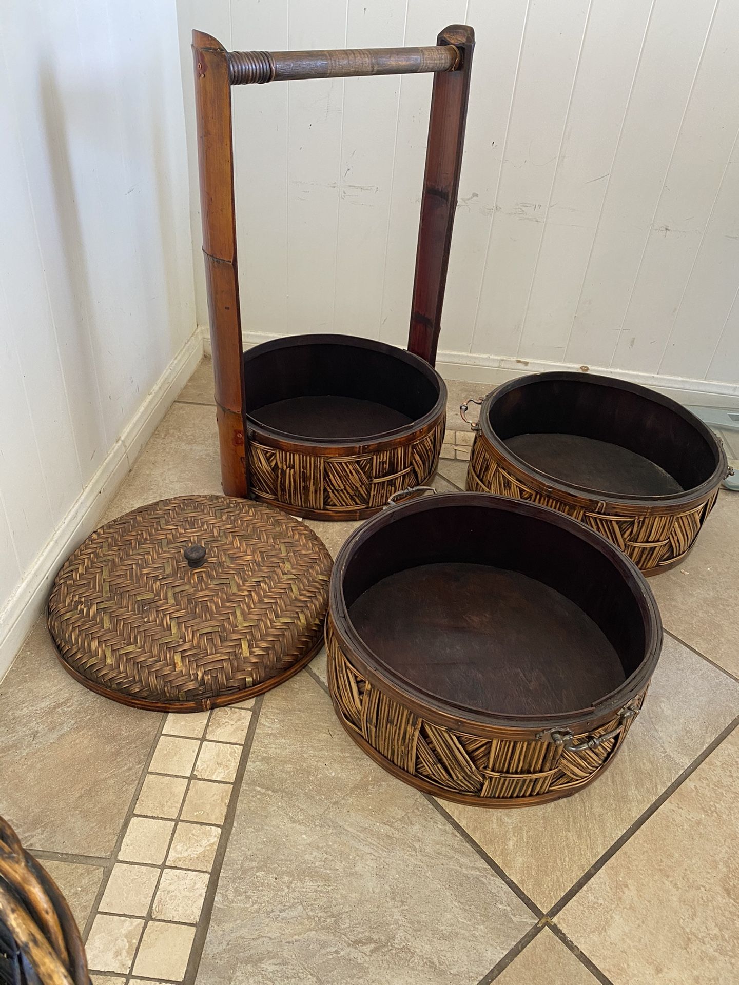 Chinese 3 Layer Basket .Bambo/ Wicker Bambo Handle