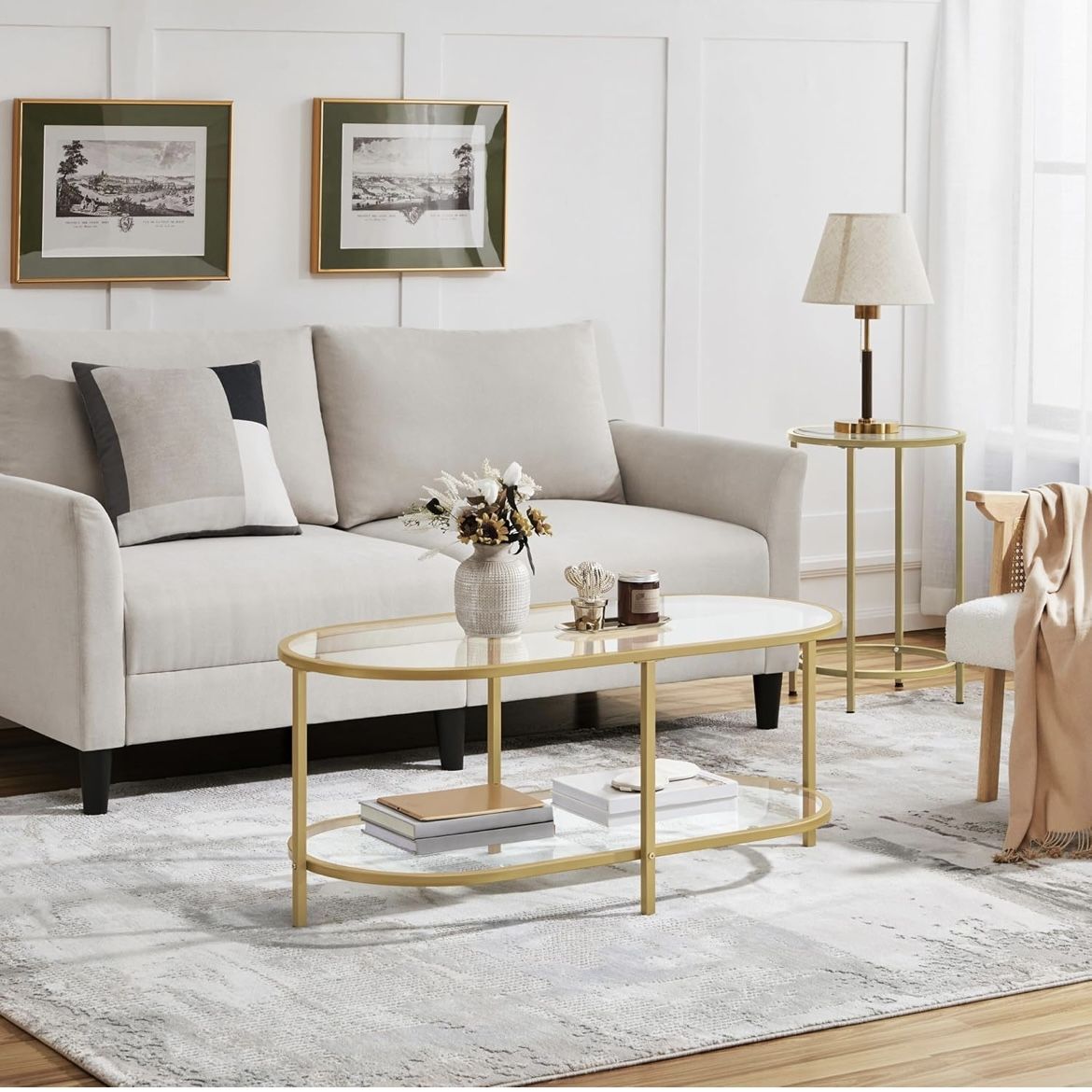 42" Oval Glass Coffee Table for Living Room, 2-Tier Center Table with Storage Shelf for Small Space, Office