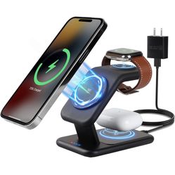 3-in-1 MagSafe Charger Stand, 18W Fast Magnetic Charger for iPhone 14, 13 & 12 Series - Apple Watch & AirPods, Wireless Charging Station for Multiple 