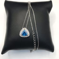 925 Sterling Silver Trillion Cut Blue Topaz And CZ Halo Pendant Necklace Size 18”