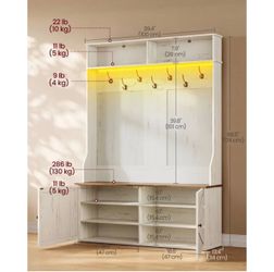 VASAGLE Hall Tree Shoe Bench Storage Farmhouse 5-in-1 Coat Rack w/ Adjustable LED Light - Rustic White