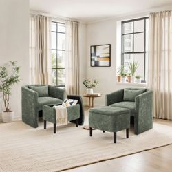 Chenille Barrel Chairs with Storage Ottoman - Set of 2