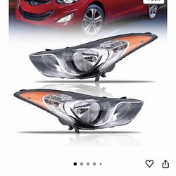 Headlight Assembly for Hyundai Elantra 2011-2013 (All Bulbs Included), Passenger & Driver Side Halogen Headlamp with Clear Lens Black Housing Amber Re