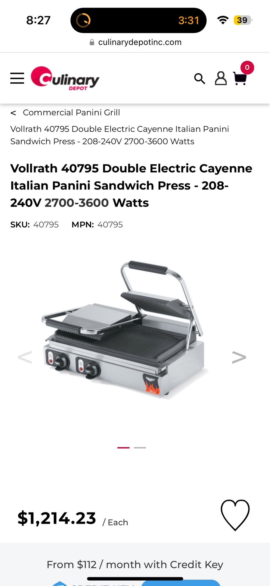 Vollrath 40795 Double Electric Cayenne Italian Panini Sandwich Press - 208- 240V 2(contact info removed) Watts