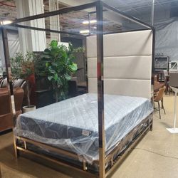 Gold Metal Canopy Bed with Horizontal Panel Headboard(NEW)