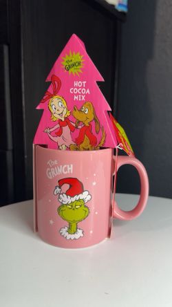 Pink Grinch Mug & hot cocoa 
