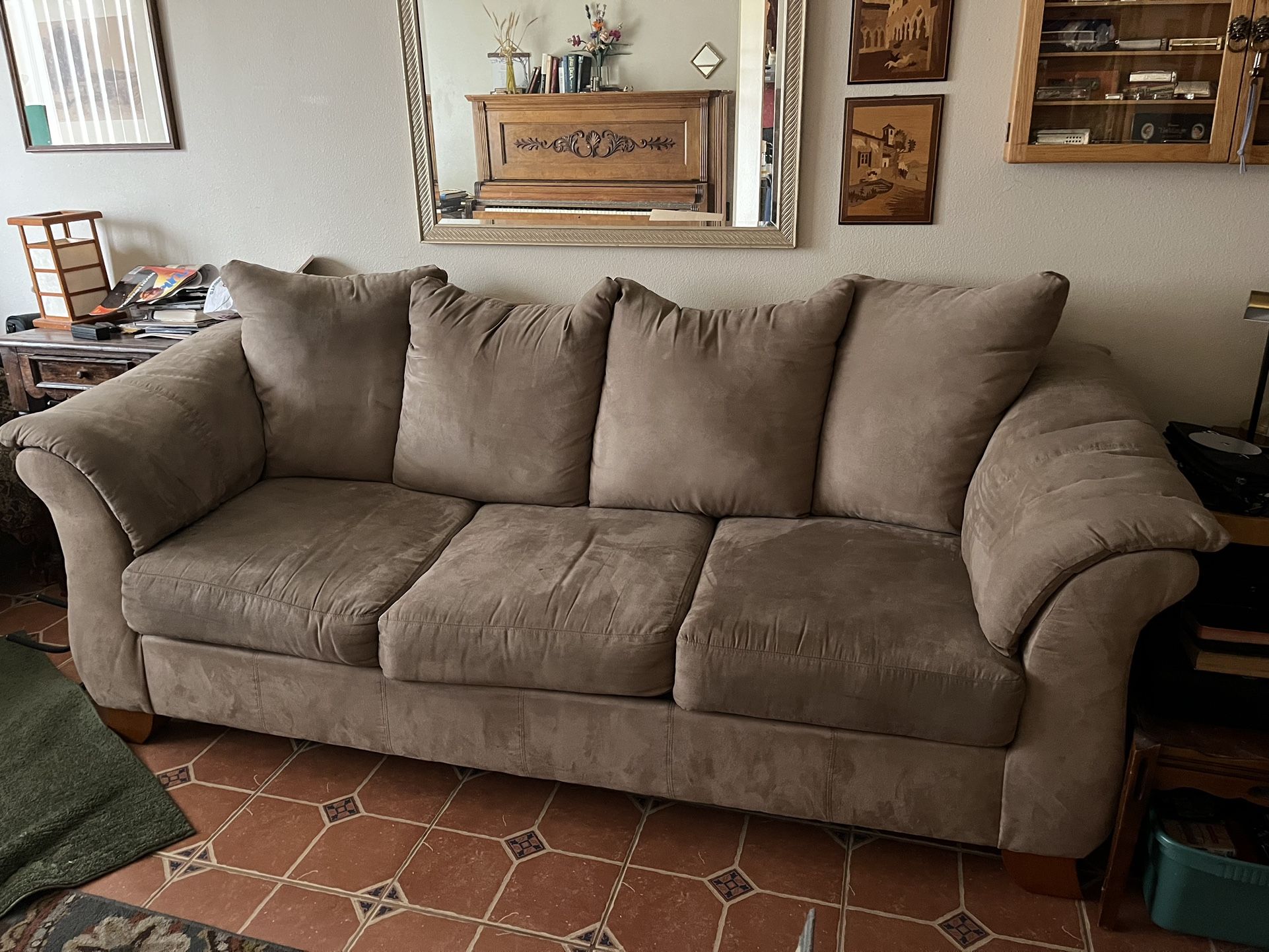 set of two suede tan couches 