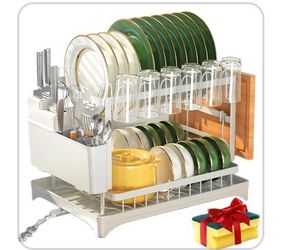 2-Tier Dish Drying Rack for Kitchen Counter, Space-Saving, White Rustproof Carbon Steel, Auto Drain Spout, Space-Saving Dish Rack with Drainboard, Ute
