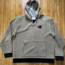 Champion Hoodie Mens Beige Sherpa Fleece Pullover Jacket Sweatshirt Logo Sz. XL