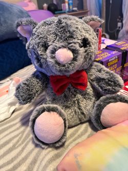 Gray Cat Plush Stuffed Animal with Red Bow