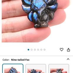 3 Nine Tails Fox (Good Luck Charm) Labradorite Carvings With Flash
