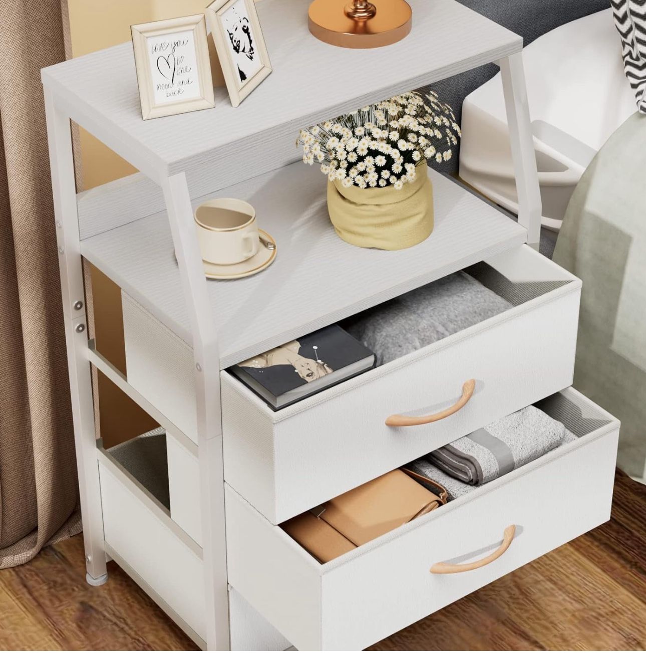 White Nightstand With 3 Drawers And 2-tier Shelf