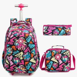 Rolling Backpack for Girls 18inch with Lunch Bag and Pencil Case, Lightweight School Bookbags for Boys and Girls