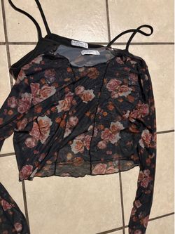 Flower Long Sleeve Cropped Spaghetti Strap