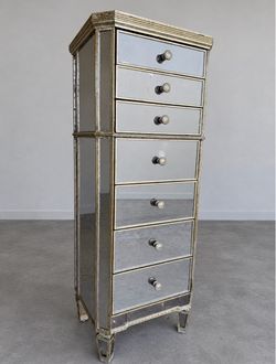 Mirrored 7-Drawer Tall Chest with Gold Trim