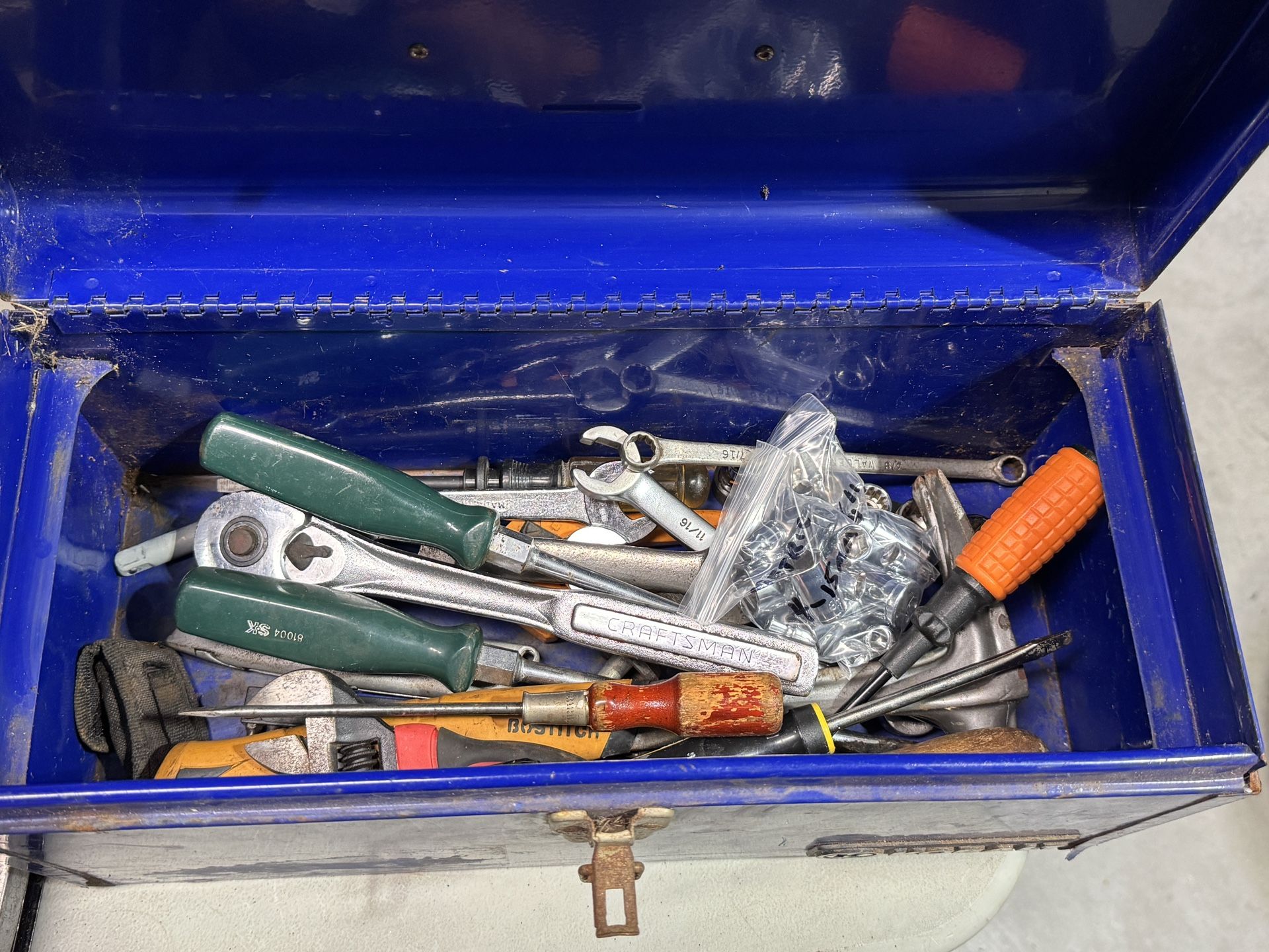 Small tool box full of tools, craftsman, SK, Drill index, Bostitch etc. SAE sockets 5/32” to 3/4”, metric 4.5mm to 13mm. Drill index