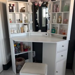Modern White Corner Vanity With Stool!