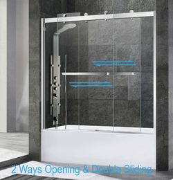 WOODBRIDGE Frameless Bathtub Shower Doors 56-60" Width × 62 "Height with 3/8"(10mm) Clear Tempered Glass, 2 Ways Opening & Double Sliding in Brushed N