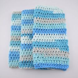 set of 3 handmade crochet cotton dish wash cloth 8 x 8 in shades of aqua & blue