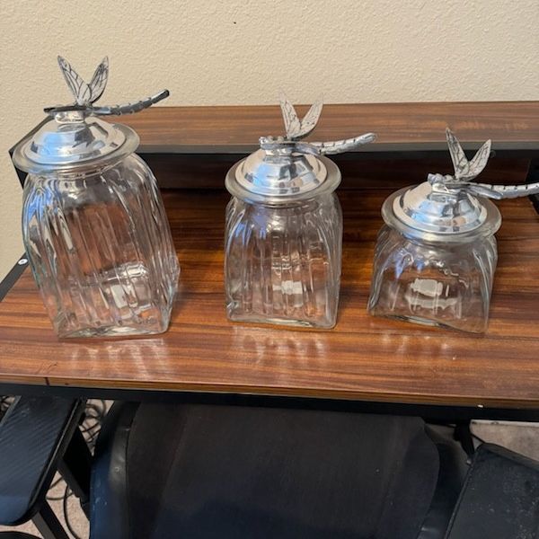 Metal And glass Dragonfly Aluarte Canister set Vintage