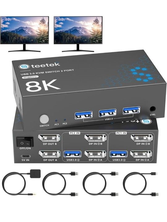 Steetek 8K@60Hz KVM Switch 2 Monitors 2 Computers, USB3.0 DisplayPort KVM Switches, 4K@120Hz Dual Monitor