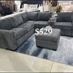 Dark Gray Corduroy Sectional Sofa With Ottoman Brand New 