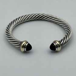 David Yurman Sterling Silver Black Onyx & 14K Gold 7mm Cable Cuff Bracelet