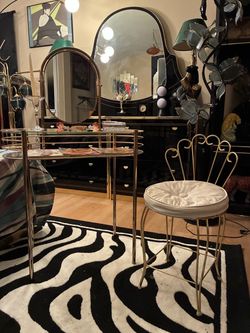 1980s Hollywood Regency Brass and Glass Vanity with chair