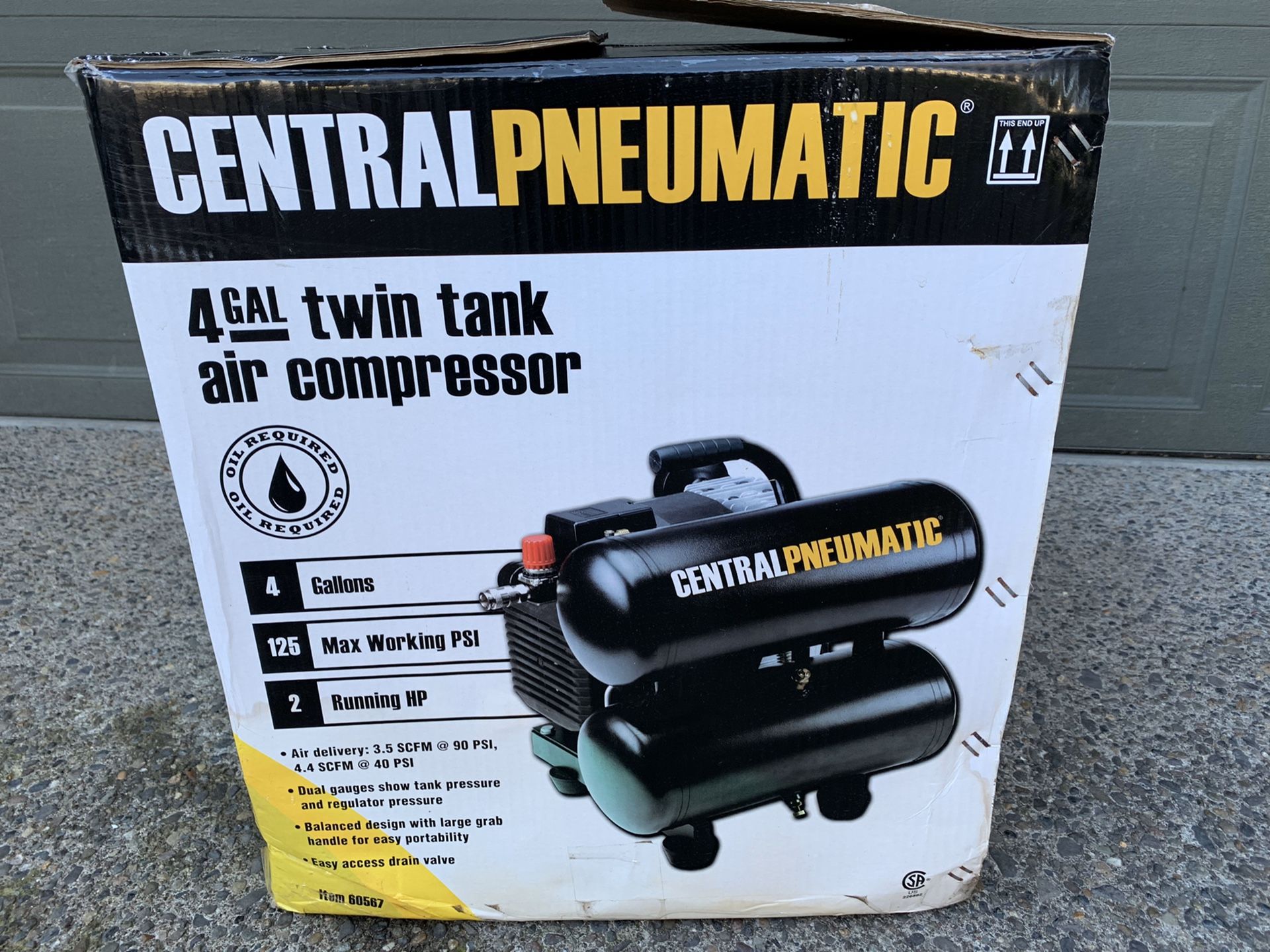 Central pneumatic 4 gallon twin tank air compressor