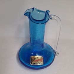 Beautiful Vintage Blue Crackle Pilgrim Glass Pitcher 