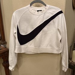 NIKE Women White and Black Swoosh Logo Cropped Sweatshirt Size Medium